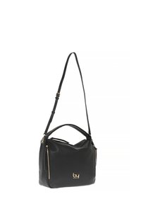Borsa a tracolla nera in pelle con forma strutturata, dettagli in zip dorate e tracolla removibile. Presenta una maniglia superiore per una maggiore versatilità.