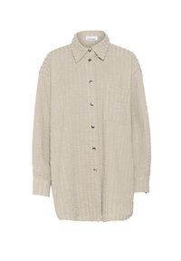Hellbeige Hemd mit Knöpfen, das ein strukturiertes, horizontales Streifenmuster, einen Kragen, lange Ärmel und eine einzelne Brusttasche aufweist.