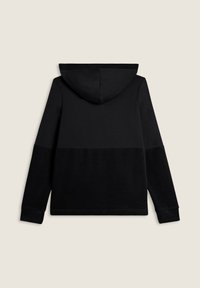 Felpa nera con maniche lunghe, cucitura visibile al centro e cappuccio attaccato, vista da dietro su uno sfondo chiaro.