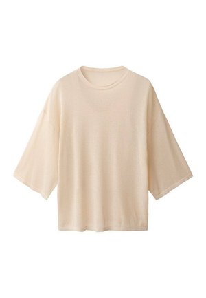 Helles beige, oversized T-Shirt mit kurzen Ärmeln, rundem Ausschnitt und einem weichen, strukturierten Stoff. Einfaches Design ohne sichtbare Muster oder Akzente.