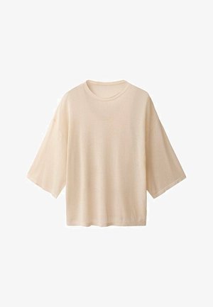 Helles beige, oversized T-Shirt mit kurzen Ärmeln, rundem Ausschnitt und einem weichen, strukturierten Stoff. Einfaches Design ohne sichtbare Muster oder Akzente.