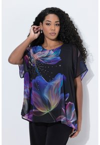 Durchsichtige schwarze Bluse mit buntem Blumenmuster, runder Halsauschnitt und kurzen Ärmeln. Besitzt schimmernde Akzente und einen lockeren Schnitt.
