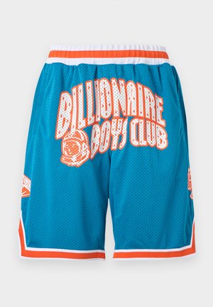 Sinised võrkmaterjalist korvpallipüksid oranži ja valge ääristusega, ees "Billionaire Boys Club" tekst ja astronaudi kiivri logo.