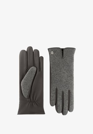 Leder- und Wollhandschuhe mit grauem Wolloberteil, dunkler Lederhandfläche und elastischem Gather am Handgelenk. Silbernes Logo-Acccent auf der grauen Seite.