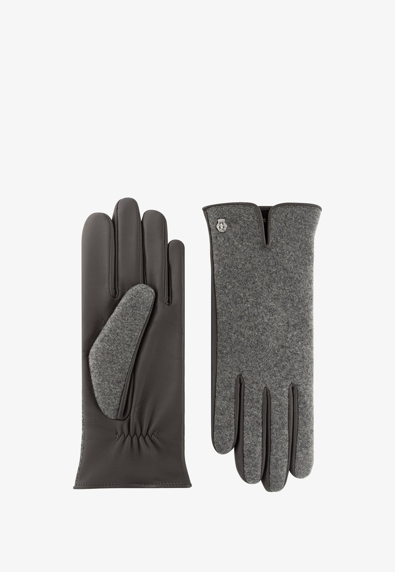 Leather and wool gloves featuring a gray wool top, dark leather palm, and elastic gather at the wrist. Silver logo accent on the gray side.