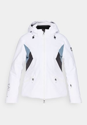 Biela bunda s kapucňou, s modrými a čiernymi panelovými akcentmi. Predný zips, nastaviteľné šnúrky a bočné vrecká na zips.