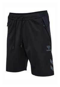 Schwarze Sportshorts aus leichtem Material, mit einem elastischen Bund, seitlicher Reißverschlusstasche sowie grauem Logo und Akzent-Designs.