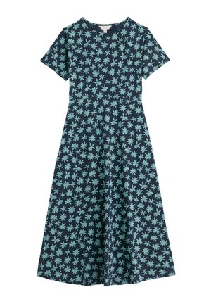 Robe midi bleu marine à manches courtes avec un motif floral bleu clair et un col rond.