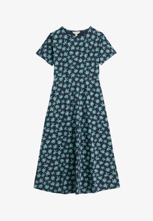 Rochie midi cu mâneci scurte, de culoare bleumarin, cu model floral bleu și decolteu rotund.