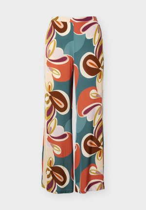 Παντελόνι με φαρδιά μπατζάκια και πολύχρωμο αφηρημένο λουλουδένιο σχέδιο σε αποχρώσεις τιρκουάζ, καφέ, πορτοκαλί, μοβ και εκρού σε λείο ύφασμα.