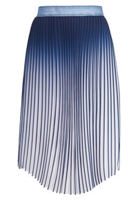 Gonna plissettata con una sfumatura che va dal blu navy al bianco. Il tessuto è leggero con una texture liscia. Presenta una vita a banda in materiale simile al denim.