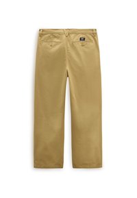 Pantaloni da lavoro color khaki con design a gamba dritta, realizzati in tessuto morbido, dotati di due tasche posteriori con chiusura a bottone e un'etichetta in vita.