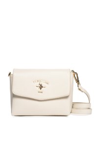 Krémová kožená crossbody taška s texturovaným povrchem, zlatými kovovými prvky, magnetickým uzávěrem a embosovanou logem na přední straně.