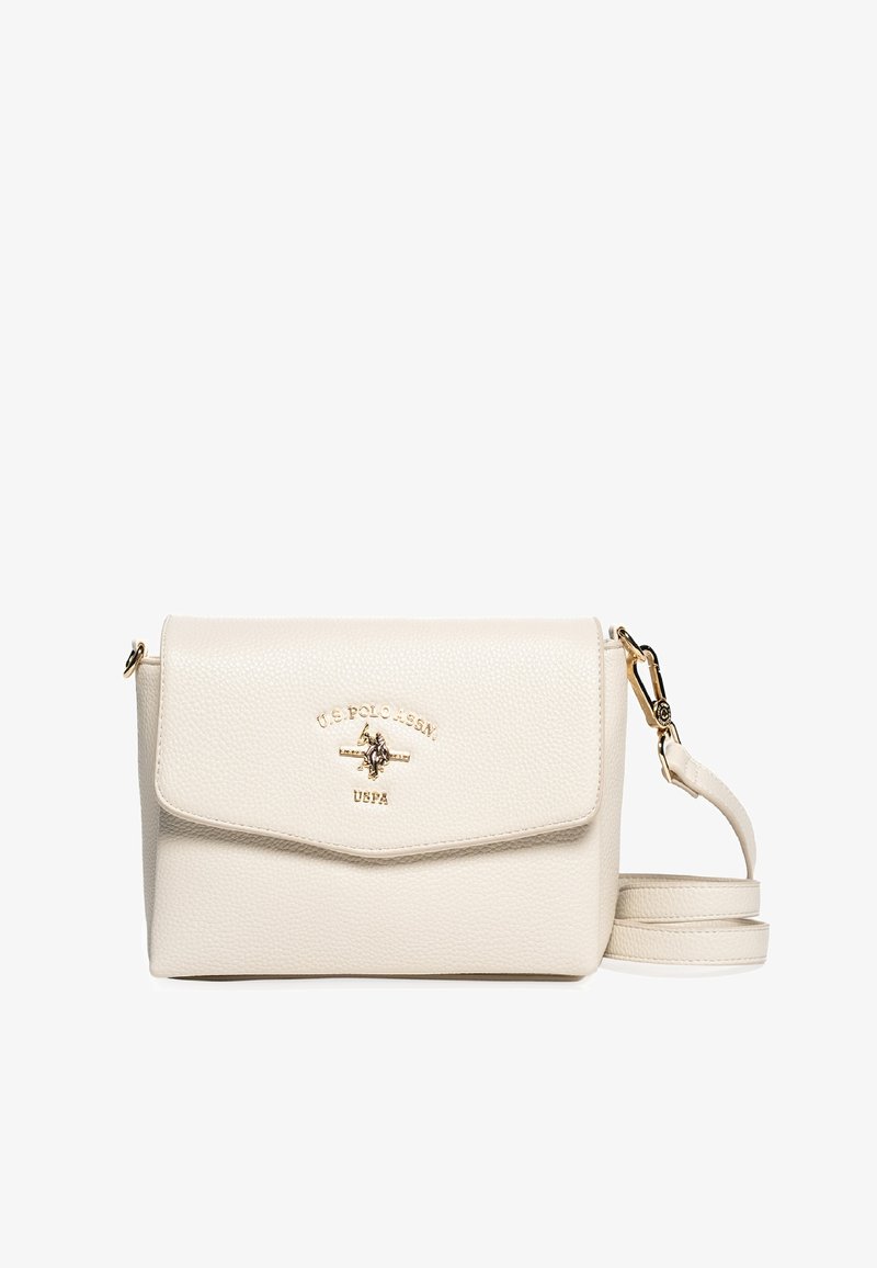 Krémová kožená crossbody taška s texturovaným povrchem, zlatými kovovými prvky, magnetickým uzávěrem a embosovanou logem na přední straně.