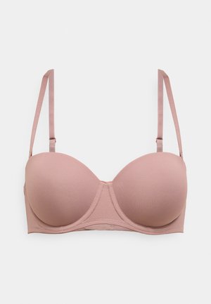 Podprsenka v jemnej ružovej látke, s kostícami, ľahko vystužené košíčky, nastaviteľné ramienka, hladká textúra a bez viditeľných ozdôb.