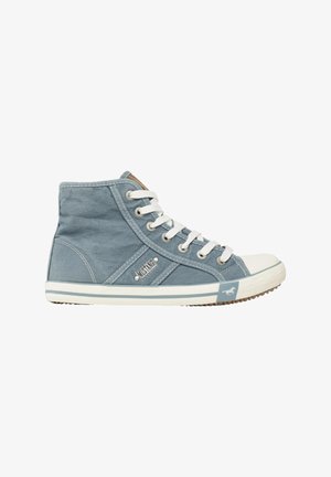 Hoge sneakers van lichtblauwe denim met witte veters en rubberen teenkap. Voorzien van logo-opdruk en gestreepte middenzool. Getextureerde stof, klassiek ontwerp.