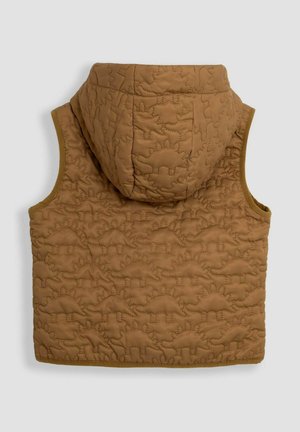 Kapucnis, ujjatlan, bézs mellény, amelyen steppelt dinoszaurusz minta található. Puha tapintású, bordázott szegéllyel a karlyuknál és az alsó szegélynél.