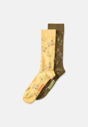 Happy Socks PUPPY KITTEN LOVE NATURAL DYE SOCKS UNISEX 2 PACK - Nogavice - yellow/olive