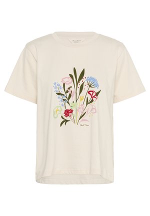 Krēmkrāsas kokvilnas T-krekls ar īsām piedurknēm, ar ziedu grafiku rozā, zilā, sarkanā un zaļā krāsā, centrēta priekšpusē ar noapaļotu kakla izgriezumu.