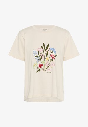 Krēmkrāsas kokvilnas T-krekls ar īsām piedurknēm, ar ziedu grafiku rozā, zilā, sarkanā un zaļā krāsā, centrēta priekšpusē ar noapaļotu kakla izgriezumu.