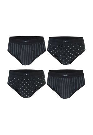 Vier Paare schwarze Herren-Slips mit elastischen Bund, zwei mit vertikalen weißen Streifen und zwei mit kleinen weißen Quadratmustern.