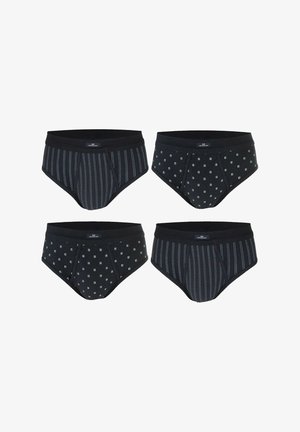 Four pairs of black men's briefs with elastic waistbands, two with vertical white stripes and two with small white square patterns.