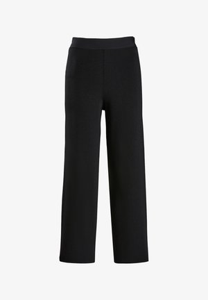 Črne široke hlače iz mehke, teksturirane tkanine. Imajo gladek, elastičen pas in dolžino do tal. Brez vzorcev ali dodatkov.
