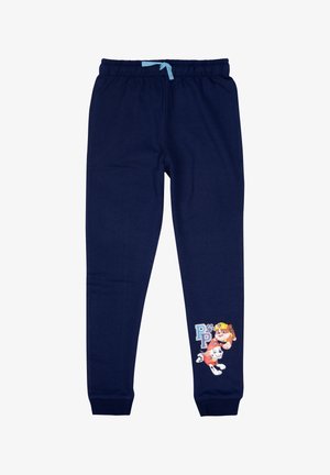 Joggers in cotone blu navy con cintura elastica, dotati di un laccio azzurro chiaro e una stampa di personaggi colorati sulla gamba sinistra.