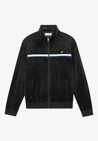 Zwarte zip-up jas van zacht fluweel materiaal, met een witte en marineblauwe horizontale streep over de borst, zijzakken en geribbelde manchetten.