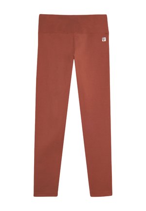 Leggings color ruggine realizzati in un tessuto liscio e elastico, dotati di una ampia vita elastica e di un piccolo logo sul lato dell'anca.