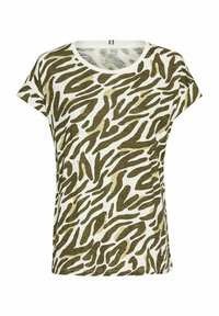 Oliven grøn og beige T-shirt med korte ærmer, der har et zebra-stribemønster. Fremstillet af tekstureret stof med rund halsudskæring og løs pasform.