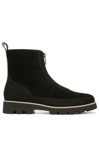 Black suede ankle boots with a side zipper, textured finish, and a contrasting thick sole featuring deep grooves for traction.