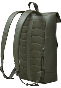 Green roll-top backpack with textured mesh panel, padded straps, and zippered side pocket. Features a small Sweden flag accent.