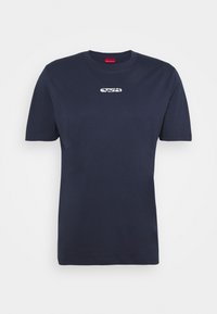 Navy blue cotton t-shirt with a crew neckline, short sleeves, and a small white graphic logo on the chest. Smooth texture, classic fit.