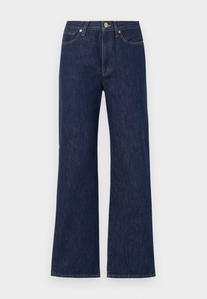 Dark blue wide-leg jeans made of denim. Features a button closure, front pockets, and contrasting stitching. Clean, classic design.