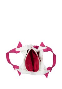 Weiße Tasche mit rosa Akzenten, verfügt über zwei Seitentaschen und Knoten-Trageriemen. Innenfutter aus rosa Stoff. Reißverschlussverschluss oben.