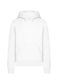 White hoodie made of soft fabric, featuring a front pocket, drawstring hood, and ribbed cuffs and hem. Simple and versatile design.