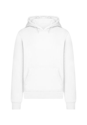 Weißer Hoodie aus weichem Material, mit einer Vordertasche, Kordelzugkapuze und gerippten Bündchen und Saum. Einfaches und vielseitiges Design.