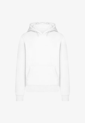 White hoodie made of soft fabric, featuring a front pocket, drawstring hood, and ribbed cuffs and hem. Simple and versatile design.