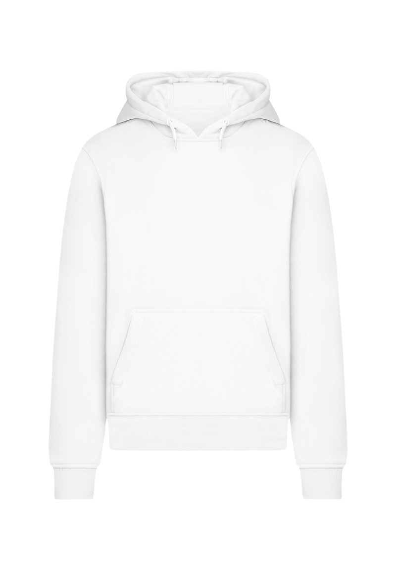 White hoodie made of soft fabric, featuring a front pocket, drawstring hood, and ribbed cuffs and hem. Simple and versatile design.