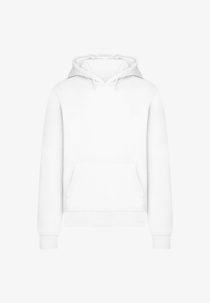 White hoodie made of soft fabric, featuring a front pocket, drawstring hood, and ribbed cuffs and hem. Simple and versatile design.