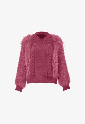Rosa Pullover mit einem strukturierten, gestrickten Oberteil mit Kabelmuster, ergänzt durch samtweiche, fellähnliche Ärmel und einen gerippten Saum.