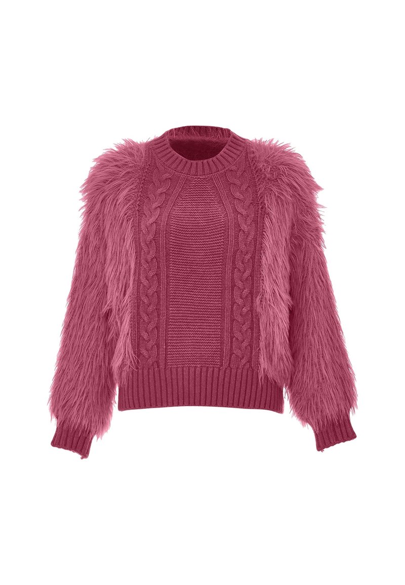 Maglione rosa con corpo lavorato a maglia texturizzato e motivo a treccia, completato da maniche in pelliccia fluffy e orlo a costine.
