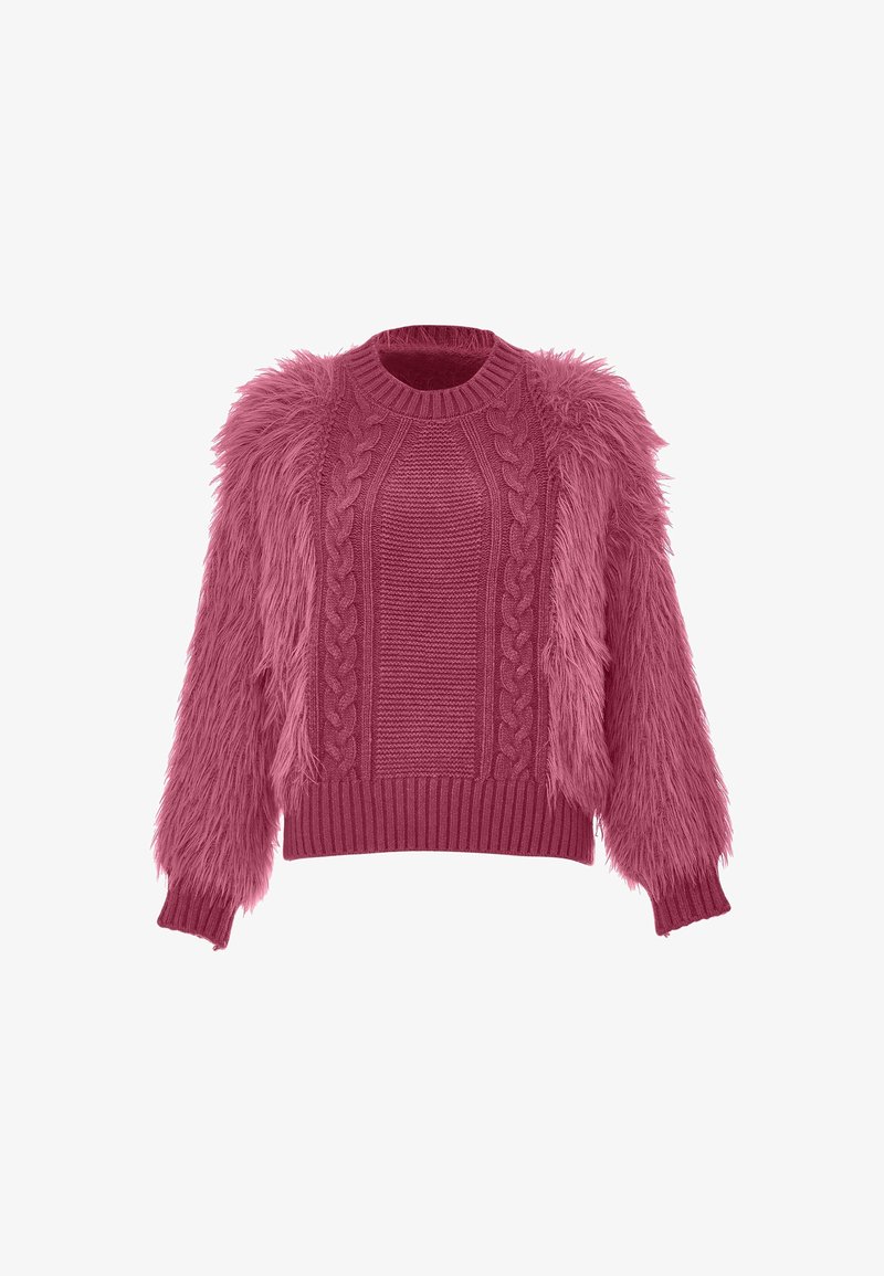 Rosa tröja med en strukturerad stickad kropp med kabelmönster, kompletterad av fluffiga ärmar som liknar päls och en ribbad nederkant.