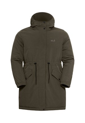 Dunkelgrüne Parkajacke mit Kapuze, Kordelzug in der Taille, zwei Fronttaschen und Logo auf der linken Brust. Strukturierter Stoff mit Knopfverschluss.