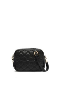 Borsa a tracolla nera in pelle con un motivo esagonale imbottito, hardware in tonalità oro e una tracolla regolabile per un trasporto versatile.