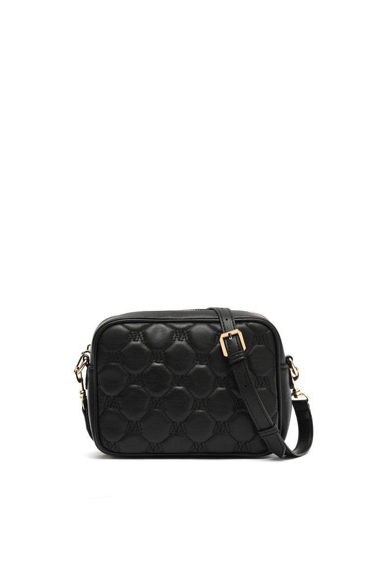 Borsa a tracolla nera in pelle con un motivo esagonale imbottito, hardware in tonalità oro e una tracolla regolabile per un trasporto versatile.