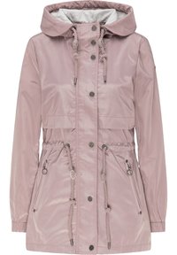 Veste imperméable rose clair avec capuche, taille ajustable par cordon, deux poches zippées et fermeture à bouton-pression. Fini lisse et brillant.