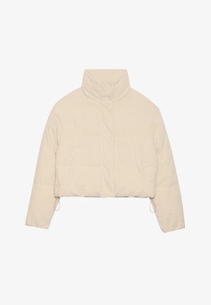 Krém színű, rövid puffer dzseki magas gallérral, patent gombokkal, oldalsó zsebekkel és húzózsinóros állítható hemmel mindkét oldalon.