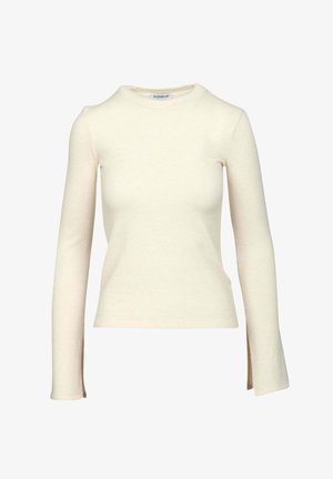 Top a maniche lunghe e scollo rotondo in morbido tessuto color crema, con una silhouette aderente e fessure sulle cuciture laterali.